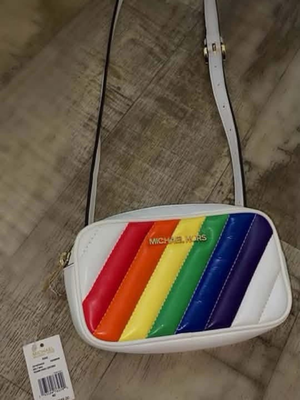 Michael Kors White Crossbody Bag with Rainbow Quilted Stripes
